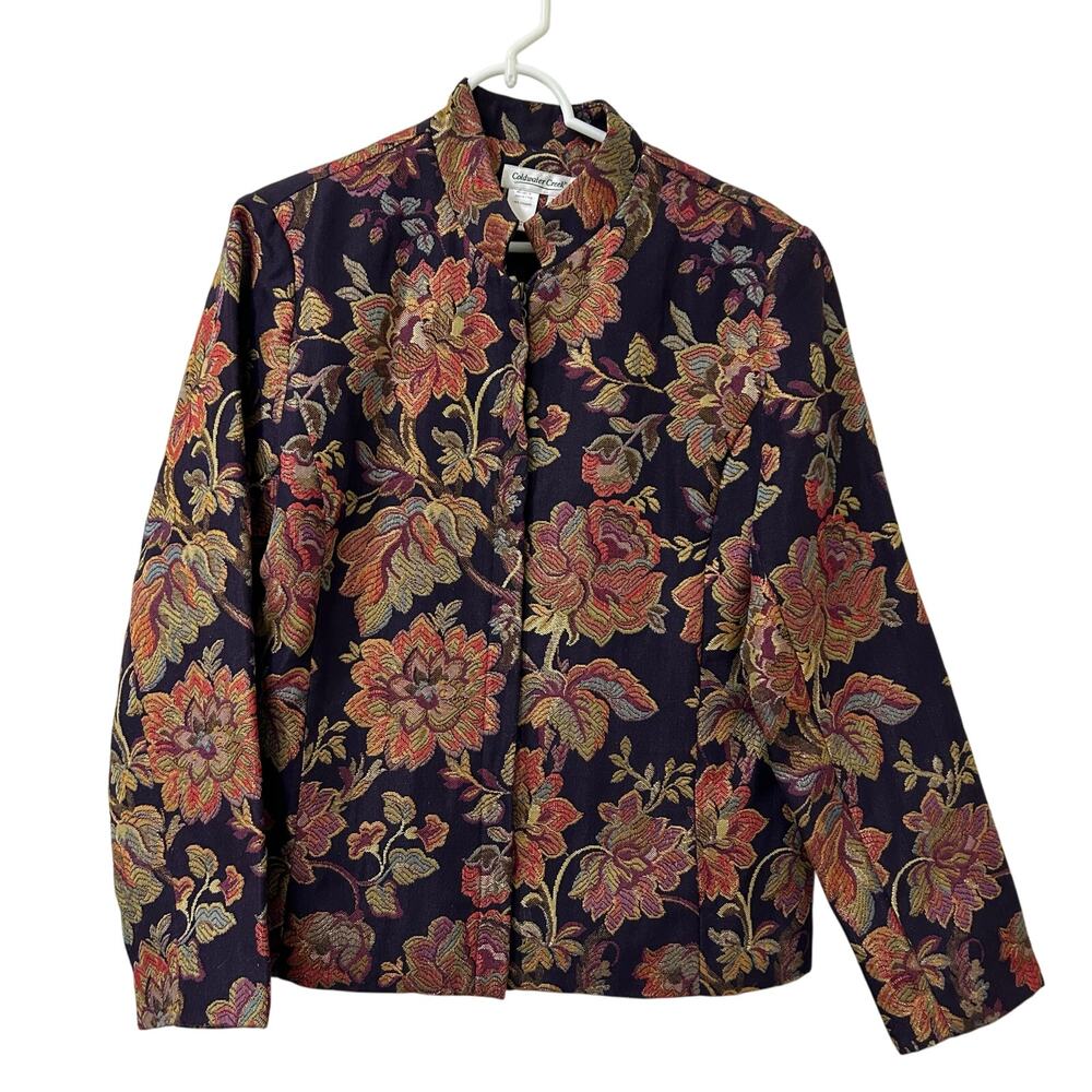 Coldwater Creek Women Sz Medium Purple & Gold Floral Tapestry Jacket Granny Fall